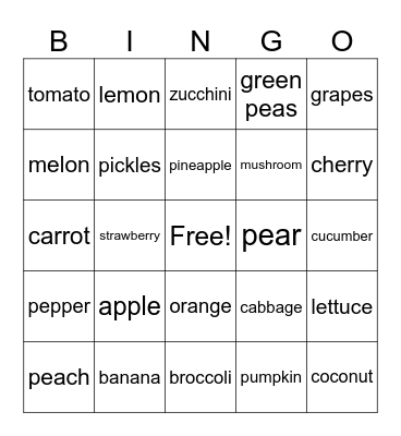 fruits and vegetables Bingo Card