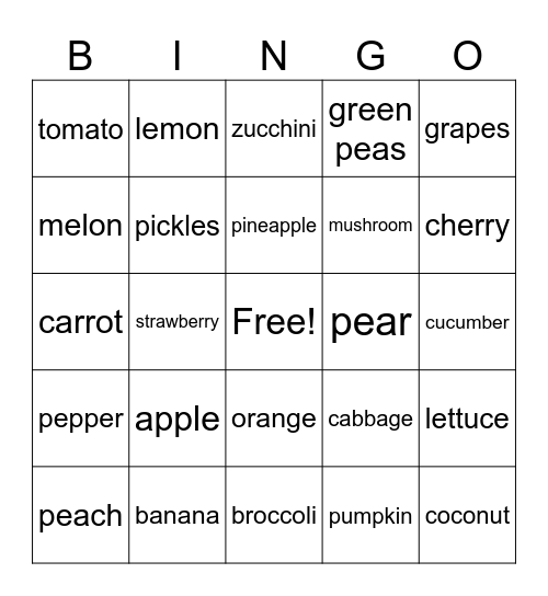 fruits and vegetables Bingo Card