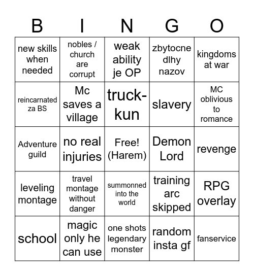 Isekai bingo Card