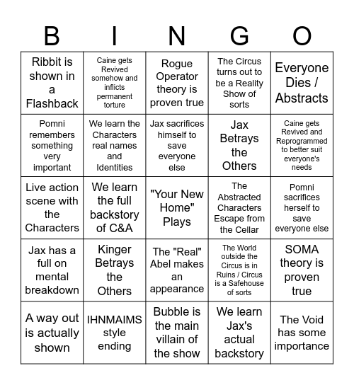 The Amazing Digital Circus Episode 9 Bingo Card