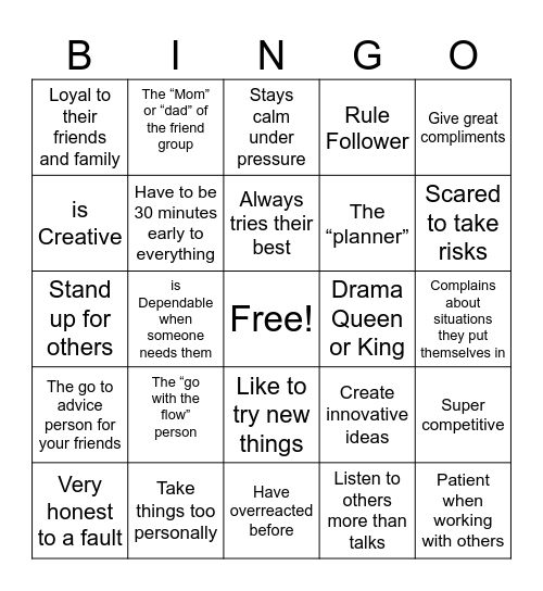 Human Bingo: Personality Edition Bingo Card