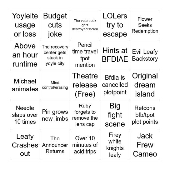 Bfdia 25 Predictions Bingo Card