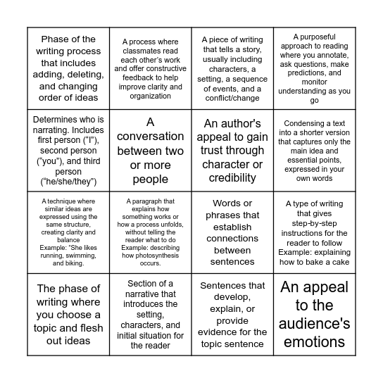 Midterm Refresher Bingo Card