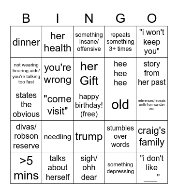 Grammy Bingo -- Birthday Edition Bingo Card