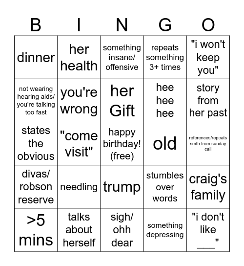 Grammy Bingo -- Birthday Edition Bingo Card