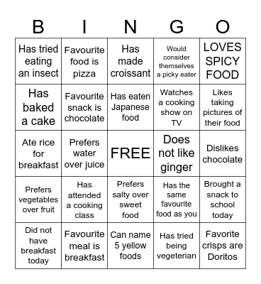 FOOD BINGO...Find Someone Who Bingo Card