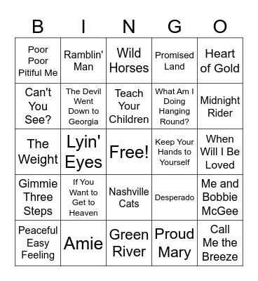 Greatest Country Rock Songs Bingo Card