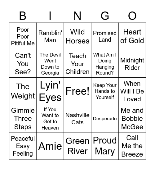 Greatest Country Rock Songs Bingo Card