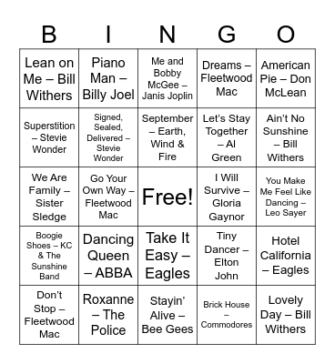 Groovy & Golden – 70s Hits Bingo Card