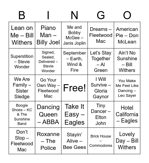 Groovy & Golden – 70s Hits Bingo Card