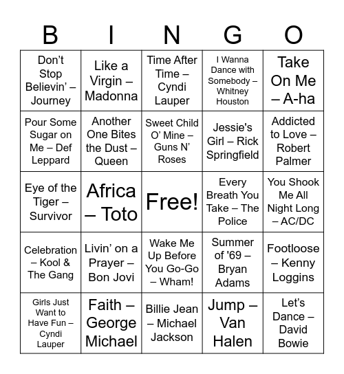 Totally 80s – Big Hair, Bigger Hits Bingo Card