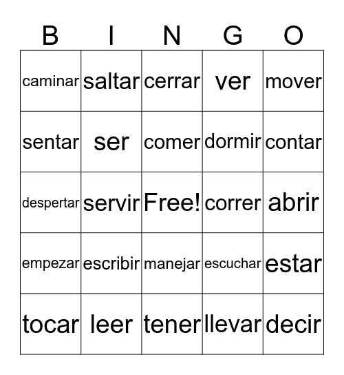 Verbs Bingo Card