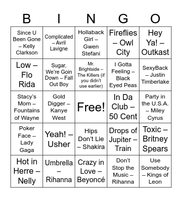 2000s Party Starters Bingo Card