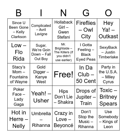 2000s Party Starters Bingo Card