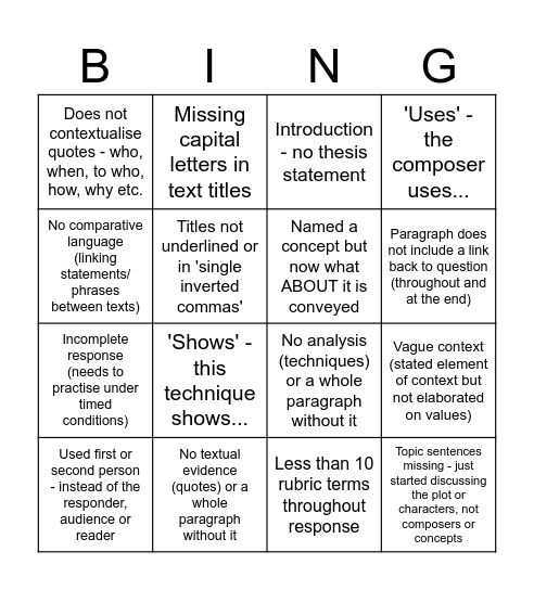 Bad English Bingo Card