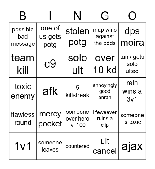 5 game overwatch bingo Card