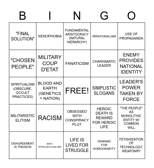 Ur-Fascism Bingo Card