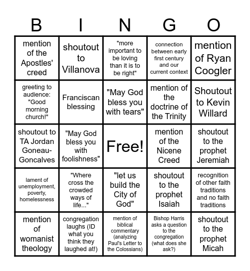 THL 1000: Bishop Barbara Harris Sermon Bingo Card
