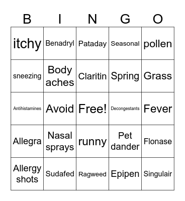 Allergies Bingo Card