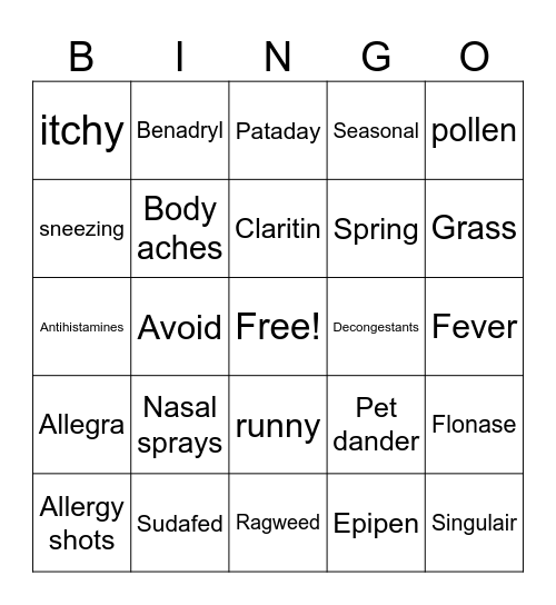 Allergies Bingo Card