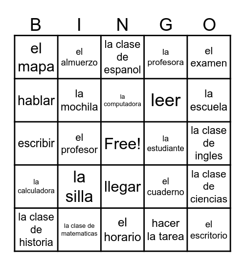 En la escuela Bingo Card