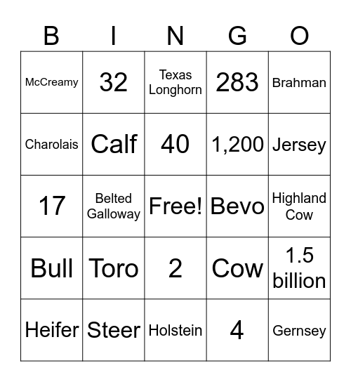 BOVINE BINGO Card