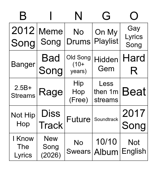 Random Songs Bingo Card