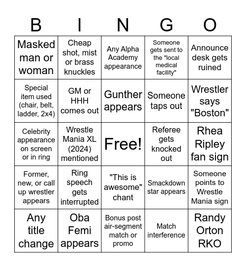 WWE RAW BOSTON ANDY BIRTHDAY 2026 Bingo Card