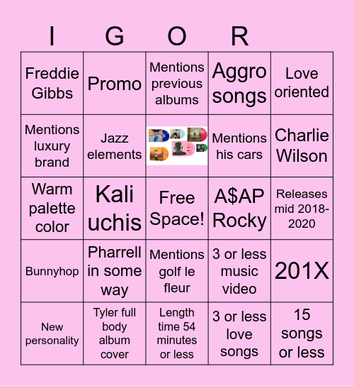 Tyler the creator album Bingo Card