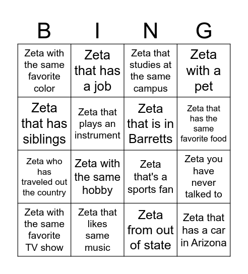 Meet The Zetas Bingo Card