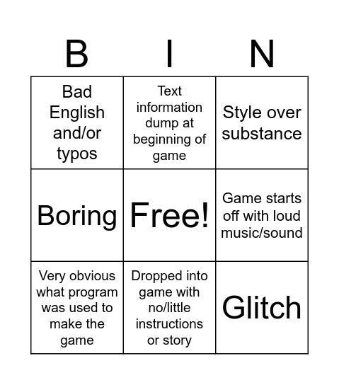 Game Demo Bingo Card