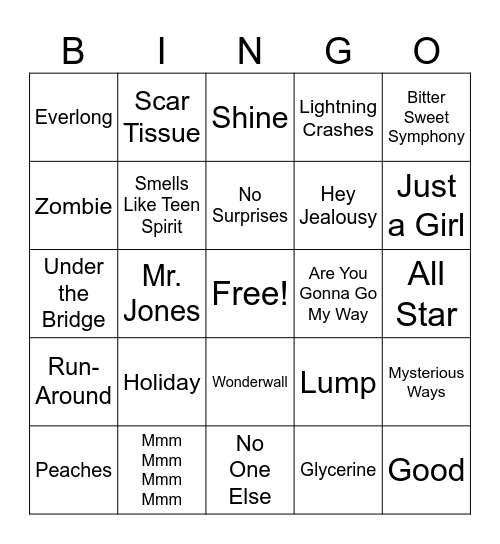 90s Alternative Bingo Card