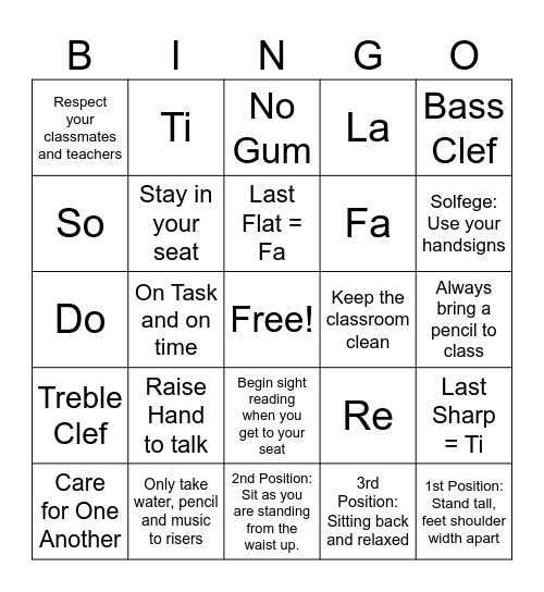 Choir Classroom Expectations + Bingo Card