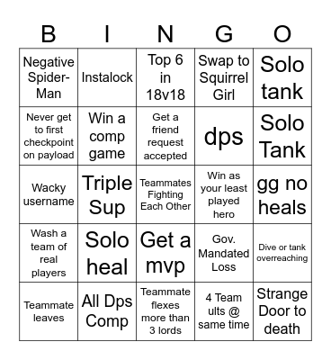 Marvel Rivals Bingo Card