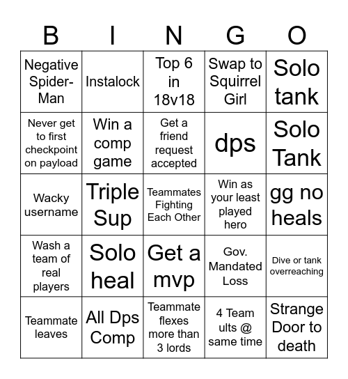 Marvel Rivals Bingo Card