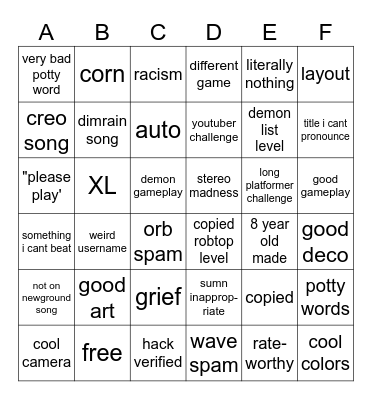 GD Recent Tab Bingo Card