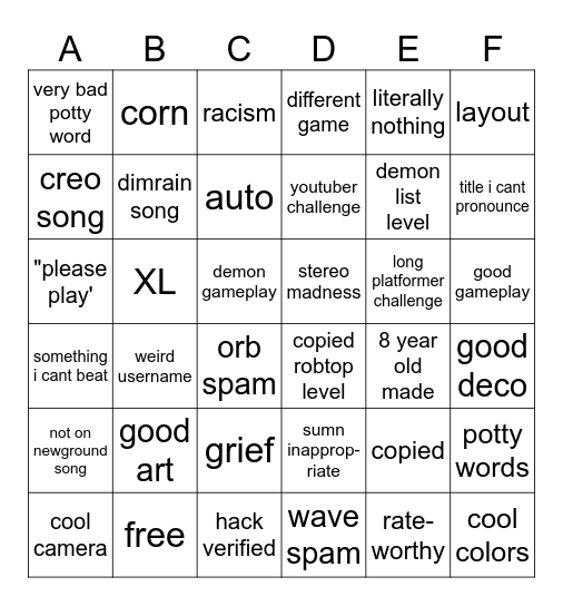 GD Recent Tab Bingo Card
