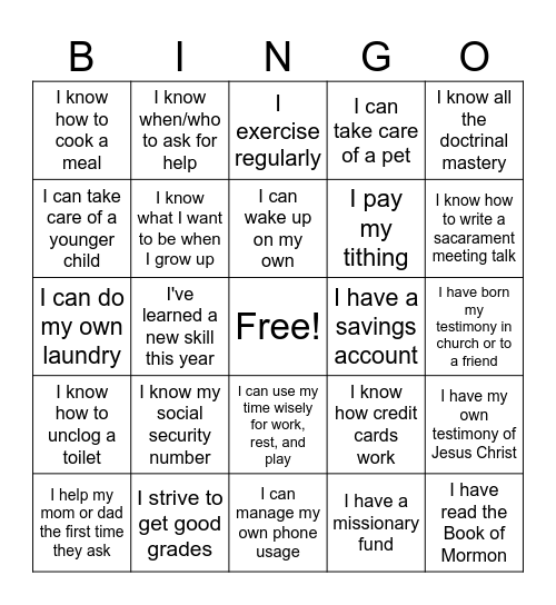 Self-Reliance for Youth Bingo Card