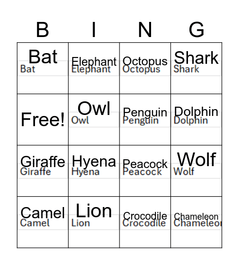 Animal Trivia Bingo Card