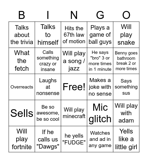 Bennybennion1 Bingo Card