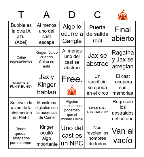 Tadc predicciones... *ੈ🎪‧₊˚ Bingo Card