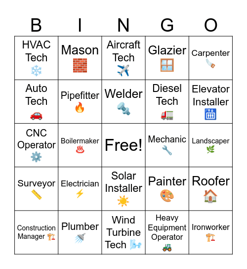 Skilled Technical Trades Bingo Card