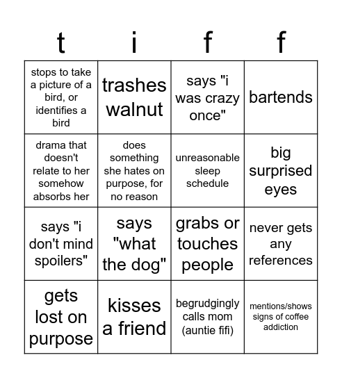 Tiffany Bingo Card