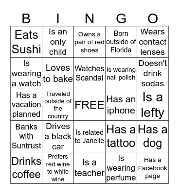 Janelle's Bridal Shower Bingo Card