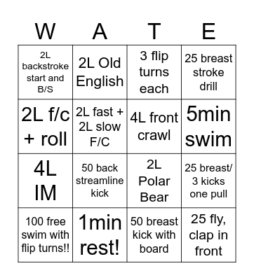 Swimming Bingo! Bingo Card
