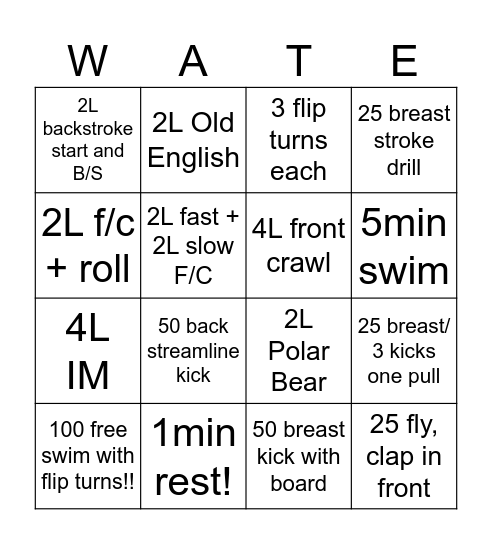 Swimming Bingo! Bingo Card