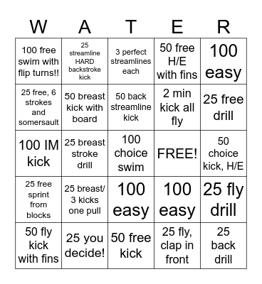 Swimming Bingo! Bingo Card