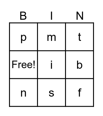 Early alphabet Bingo Card