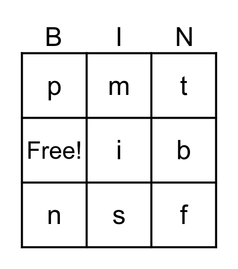 Early alphabet Bingo Card