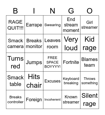 The Gamer Rage Continues Bingo Card